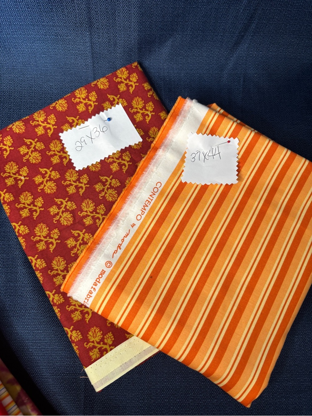 Coordinating Orange Stripe and Red Damask Cotton Fabrics